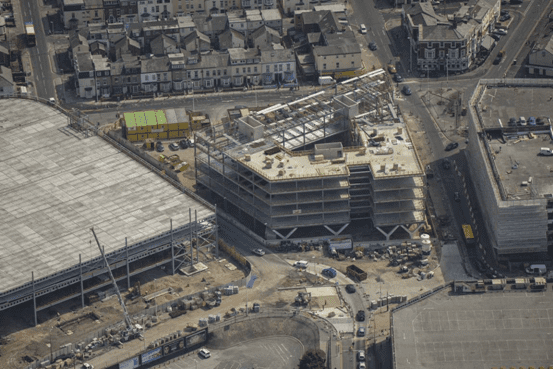 Aerial photo of Construction at Talbot Gateway Blackpool. Muse Developments