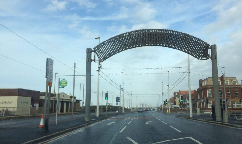 Illuminations welcome arch at Blackpool North Shore, turn right here to Bispham Village