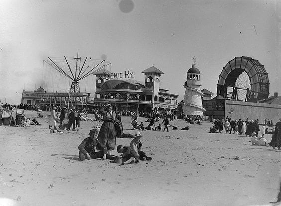 Early view of Blackpool Pleasure Beach when it began to grow, see the Flying Machine