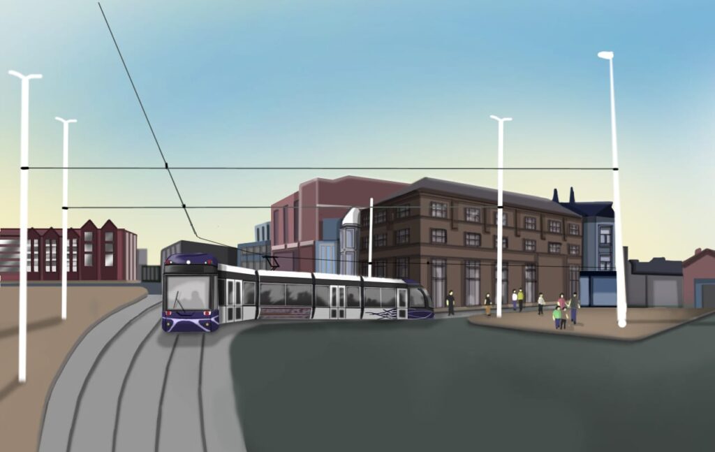 Blackpool Tramway Extension, proposal showing a tram entering Talbot Square