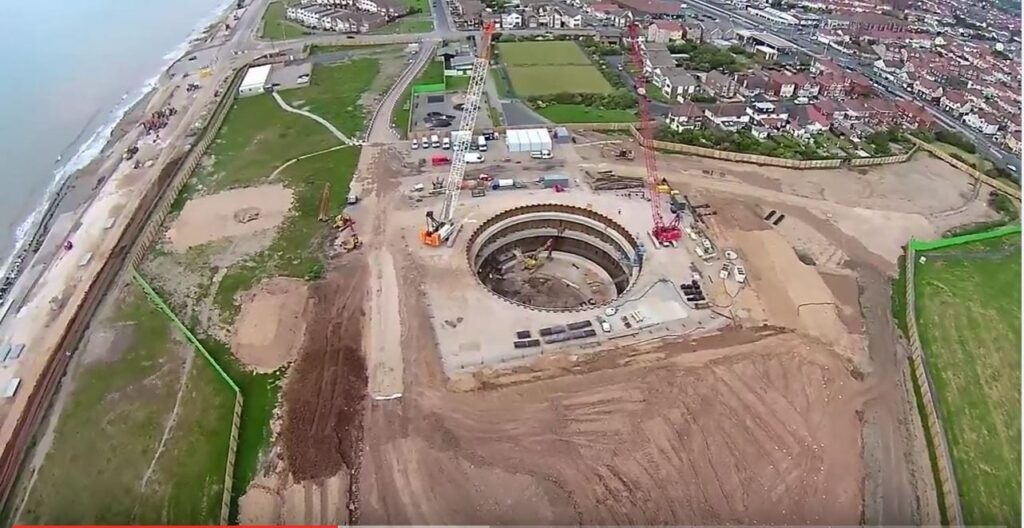 Sheet piles in place and concrete rings being added from the top, works at Anchorsholme Park
