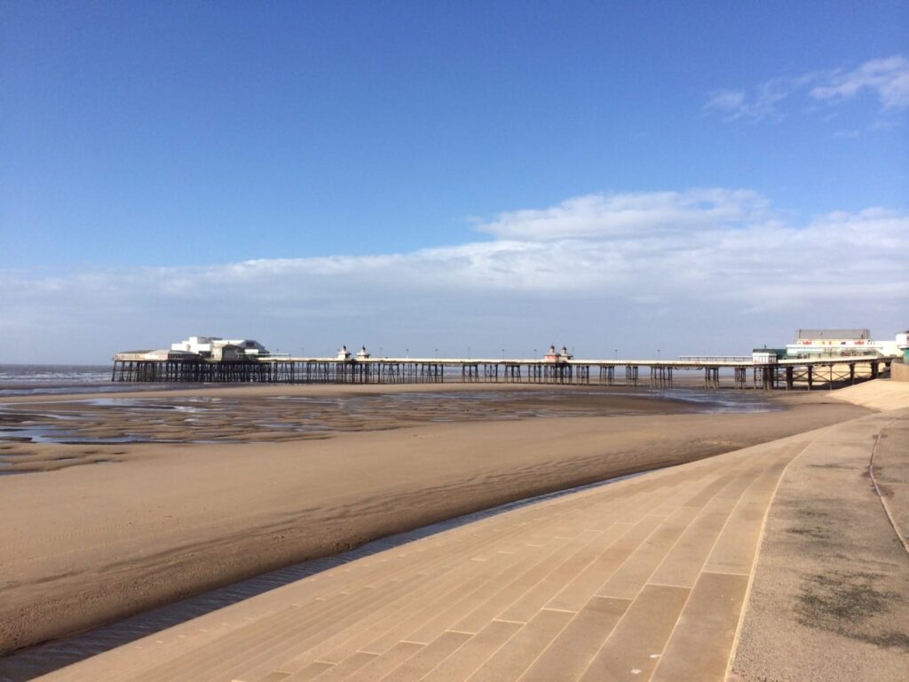 Beach at southern side of Blackpool North Pier. There are no dogs on the main beaches in Blackpool during the season