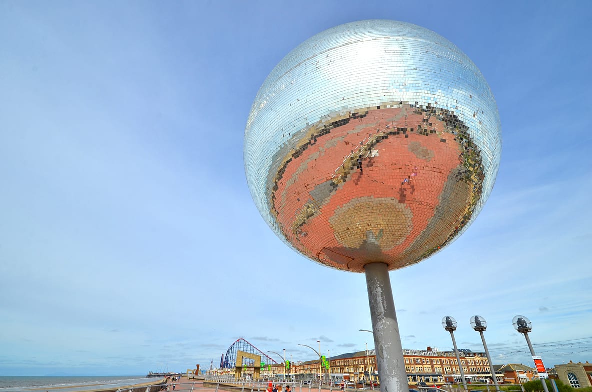 Beach at Mirror Ball at Blackpool New South Promenade. There are no dogs on the main Beaches in Blackpool during the season