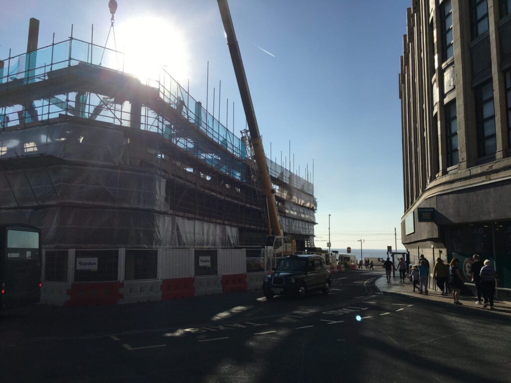 Demolition of Sands Building on Blackpool promenade. The new development will include Blackpool Museum.