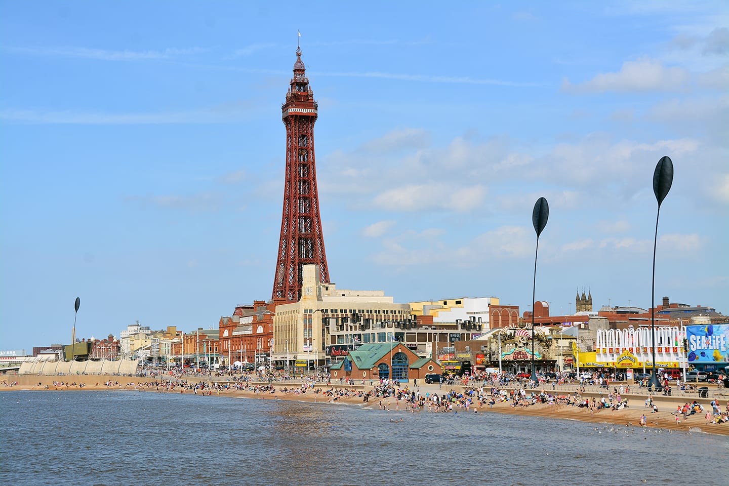 Looking along Blackpool seafront and promenade from central pier