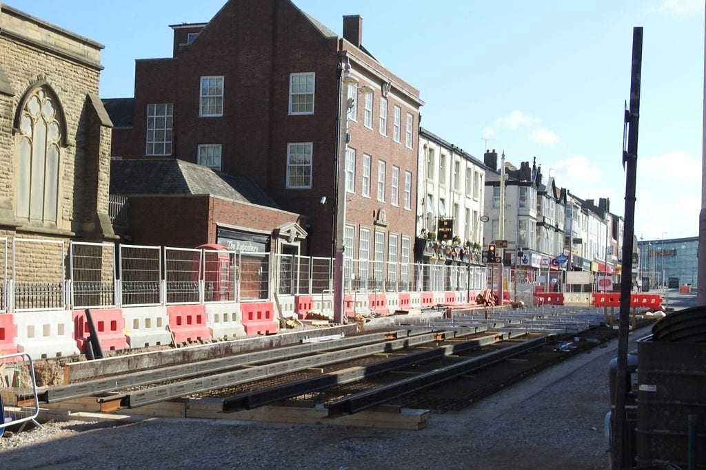 Tramlines being laid in Talbot Road, part of the Blackpool Tramway Extension. Photo: Barrie C Woods