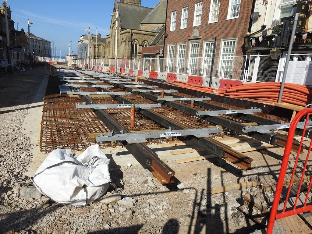 Tramlines being laid in Talbot Road, part of the Blackpool Tramway Extension. Photo: Barrie C Woods