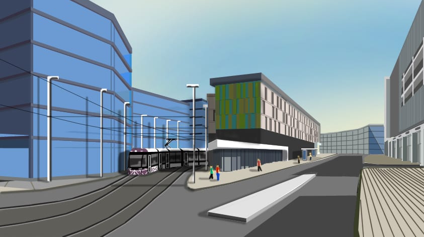 Visual showing a tram entering the new terminal at the current Wilkinson's site, Blackpool tramway extension