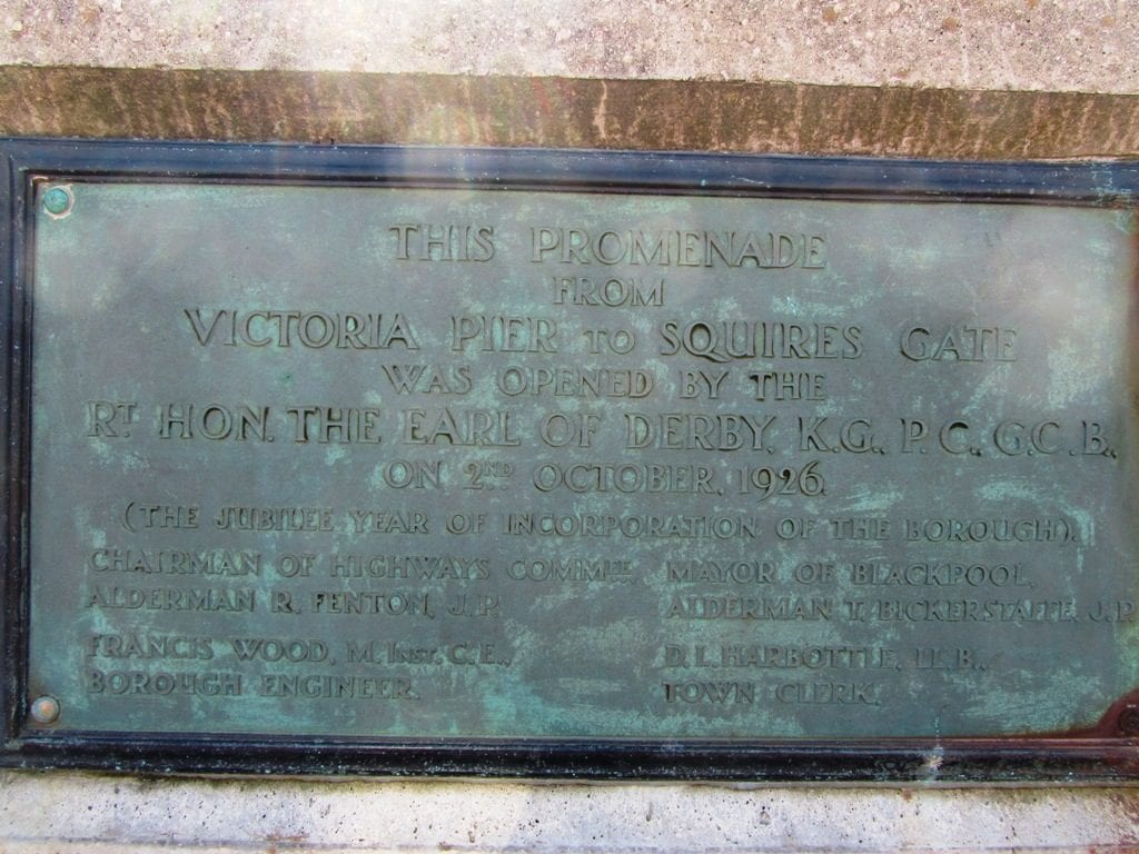 Plaque to mark the opening of the original sea wall at South Shore: South Promenade/Squires Gate