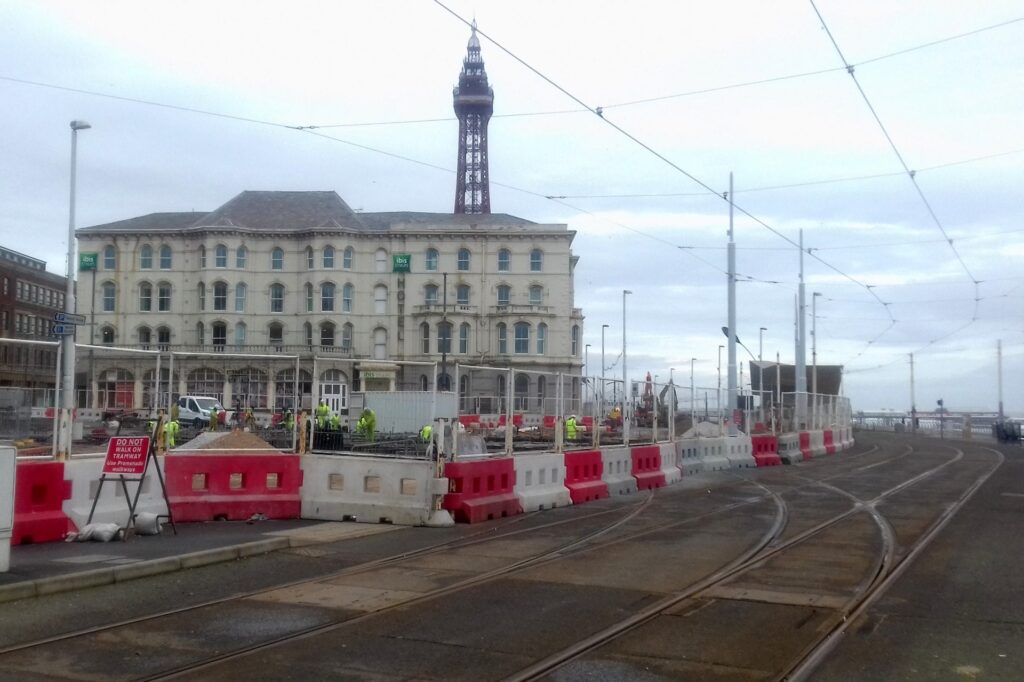 A view looking south on the promenade with Ibis hotel as a backdrop. The diverging tracks for both north and south trams clearly obvious.. Blackpool tramway extension at Talbot Road