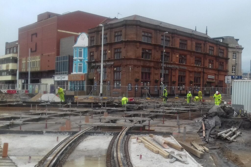 The southern-most curve connection of the new tramlines with the promenade tracks. Blackpool tramway extension at Talbot Road