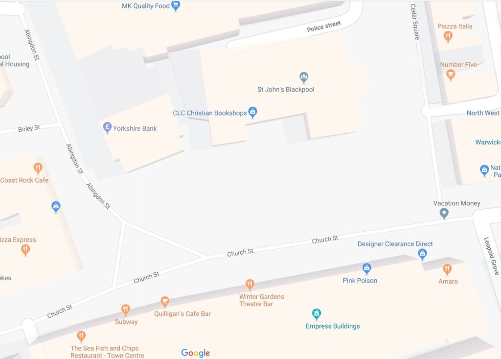 Google Map of St John's Square Blackpool. Click on it to look around.