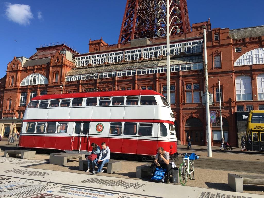 One of the heritage Blackpool trams in front of the Tower