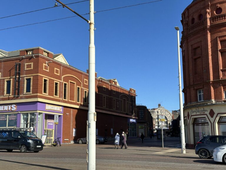 Victoria Street in Blackpool town centre where it meets the promenade