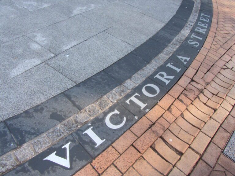 Name of Victoria Street in the paving in the town centre