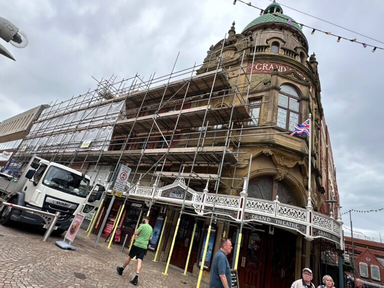 Scaffolding going up at Blackpool Grand Theatre in July 2024