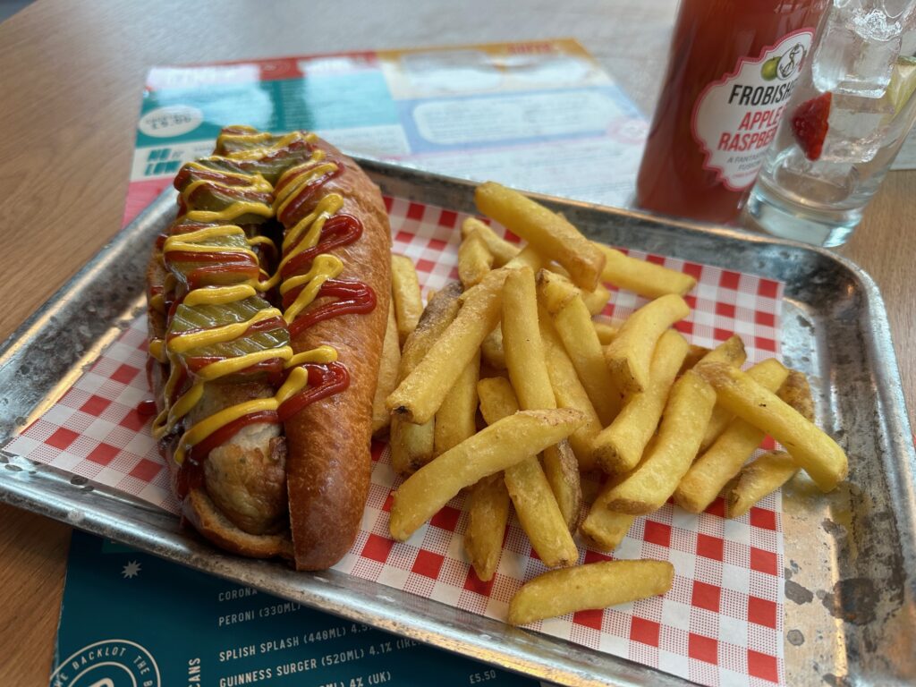 Hot dog and fries at the Backlot Diner